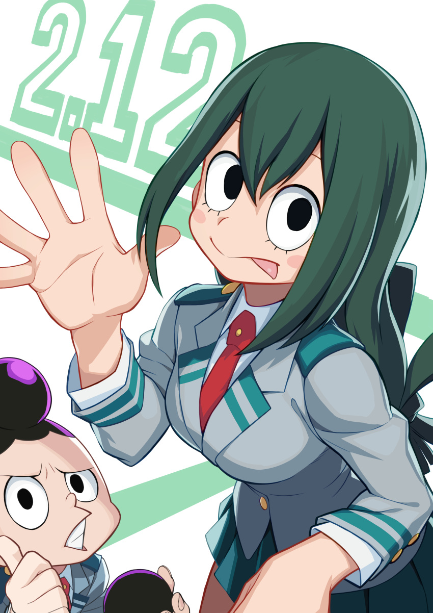 1boy, 1girl, :>, absurdres, asui_tsuyu, bangs, big_eyes, black_eyes