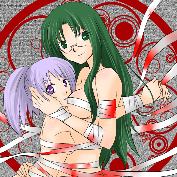 bad_id, bandage, bandages, blood, glasses, hashiko, hashiko_(bilrost), hug