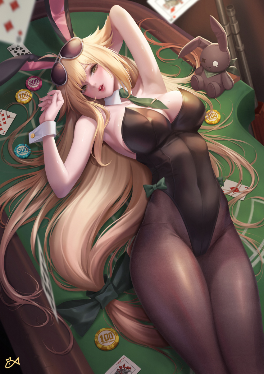 1girl, absurdres, animal_ears, blonde_hair, blush, bow, breasts, bunny_girl