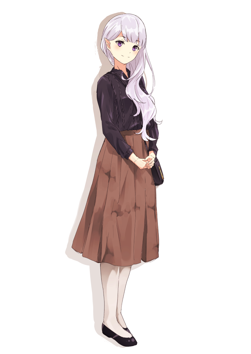 1girl, bag, black_footwear, black_shirt, blush, brown_skirt, casual, emilia_(re:zero)