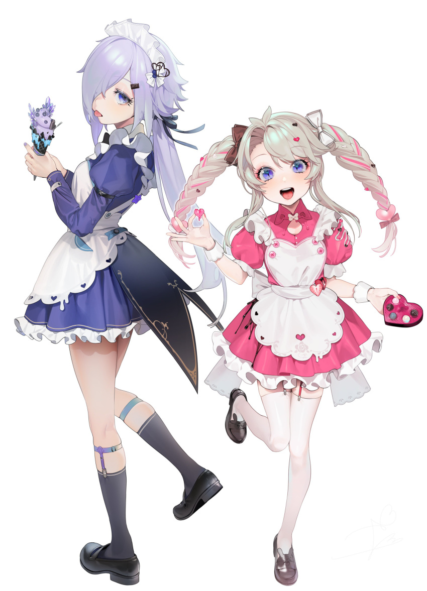 2girls, absurdres, apron, black_bow, black_legwear, black_ribbon, blue_dress, blue_nails