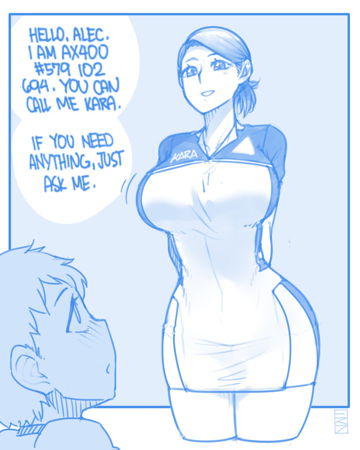 1boy, 1girl, alternate_breast_size, android, arms_behind_back, bangs, blue, blush, breasts, child, cowboy_shot, cropped_legs, detroit:_become_human, ekz_(drawfag), english_text, highres, huge_breasts, kara_(detroit), monochrome, parted_lips, profile, short_hair, short_sleeves, smile, speech_bubble, swept_bangs