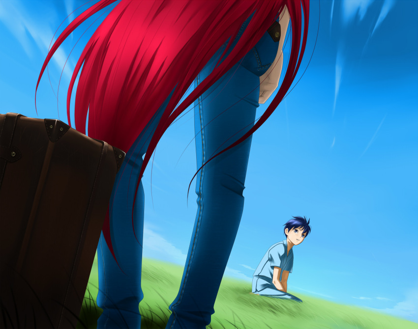 amino_tn7135, aozaki_aoko, ass, highres, jeans, long_hair, red_hair, redhead, sky, tohno_shiki, toono_shiki, tsukihime, very_long_hair