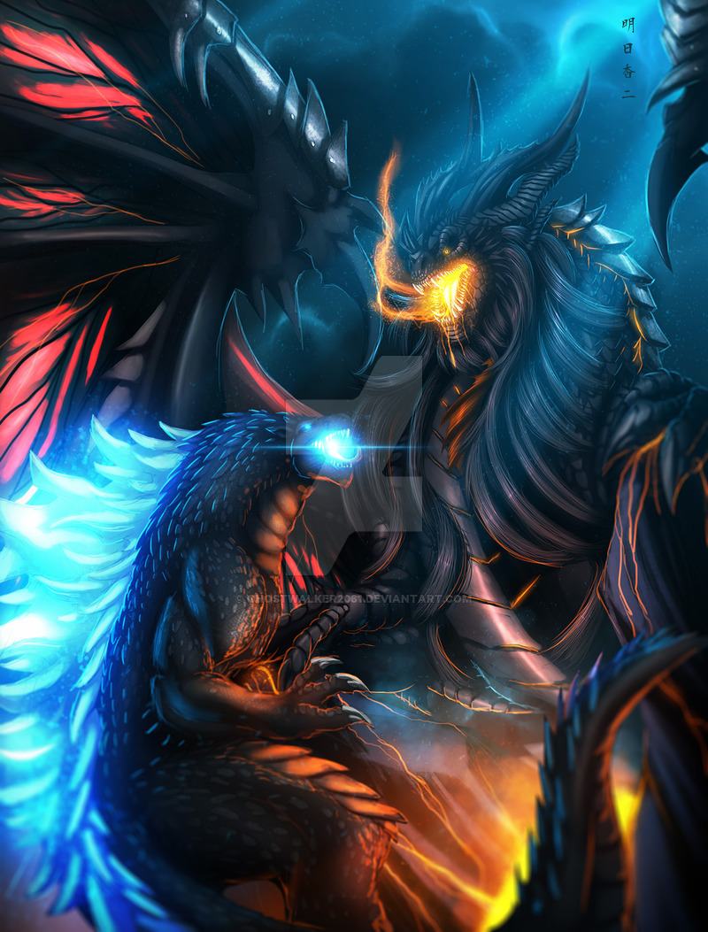 battle, black_wings, blue_eyes, claws, crossover, deathwing, dragon, dragon_horns, dragon_tail, dragon_wings, duel, fighting, fire, ghostwalker2061, glowing, glowing_eyes, godzilla, godzilla_(series), horns, kaijuu, large_wings, monster, no_humans, orange_eyes, sharp_teeth, tail, teeth, warcraft, wings, world_of_warcraft