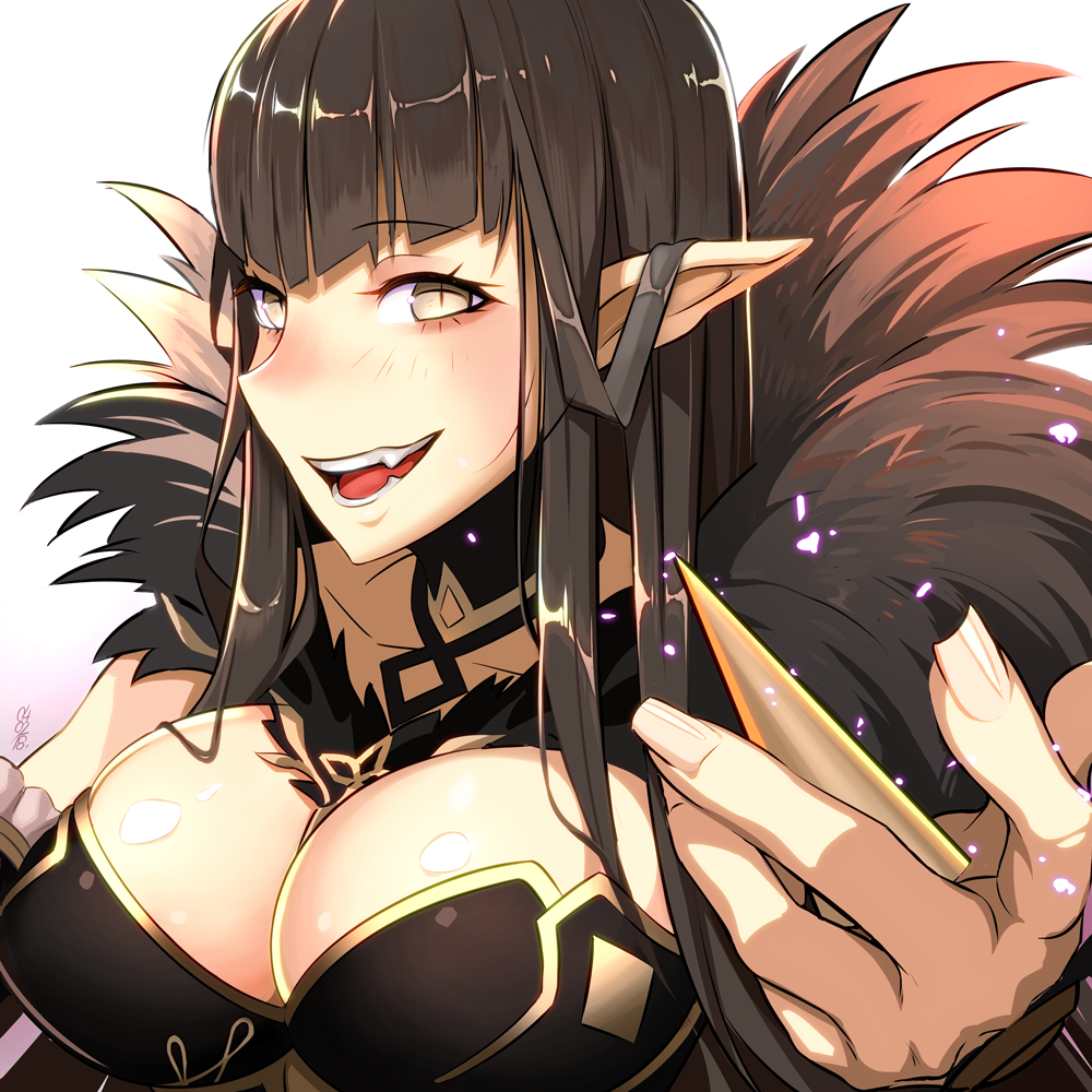 1girl, :d, bangs, black_bridal_gauntlets, black_dress, black_fur, black_hair, blunt_bangs, blush, breasts, bridal_gauntlets, cleavage, collarbone, dated, detached_collar, dress, ear_blush, eyebrows_visible_through_hair, eyelashes, fate/apocrypha, fate_(series), fingernails, frilled_bridal_gauntlets, frills, fur_collar, fur_trim, high_collar, large_breasts, light_blush, light_particles, long_fingernails, long_hair, looking_at_viewer, nose, open_mouth, pointy_ears, pointy_hair, rangsiwut_sangwatsharakul, reaching_out, semiramis_(fate), shiny, shiny_hair, shiny_skin, sideways_mouth, slit_pupils, smile, solo, straight_hair, upper_body, very_long_hair, yellow_eyes