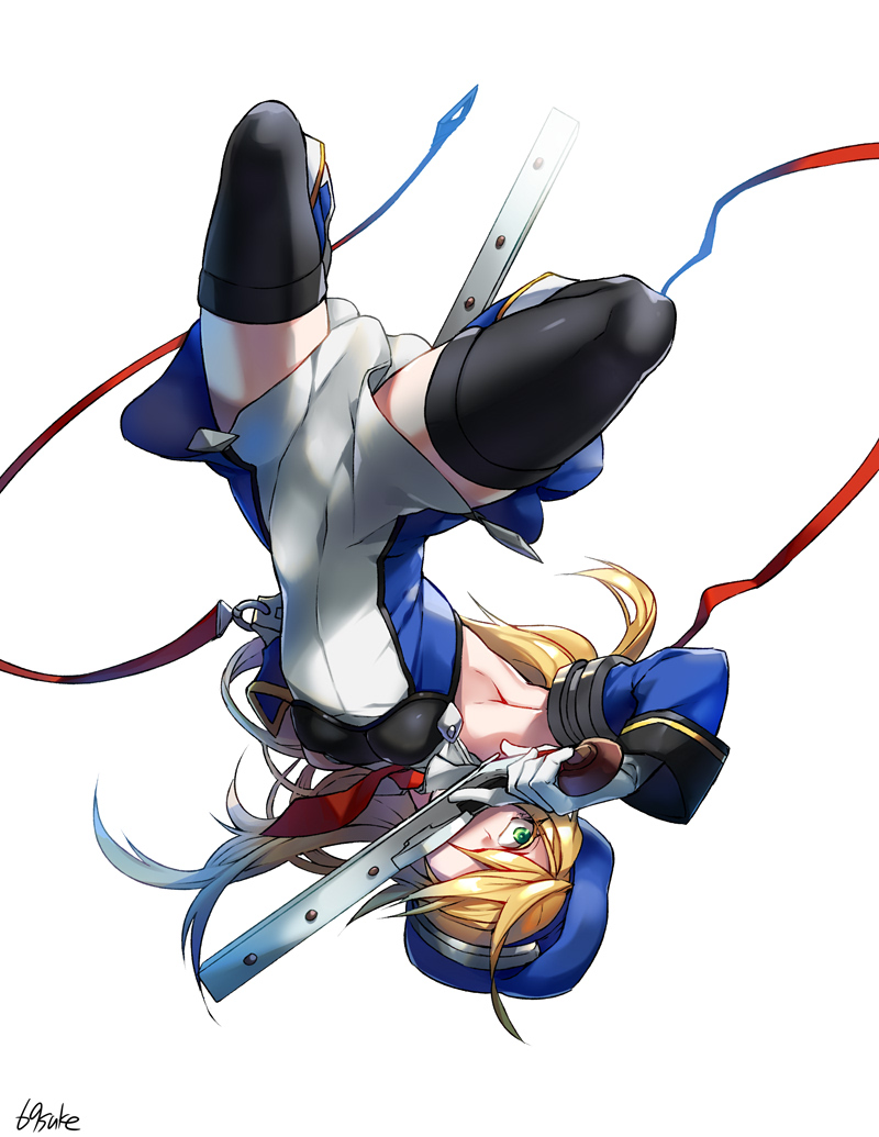 1girl, arched_back, armpits, beret, black_legwear, blazblue, blonde_hair, bolverk