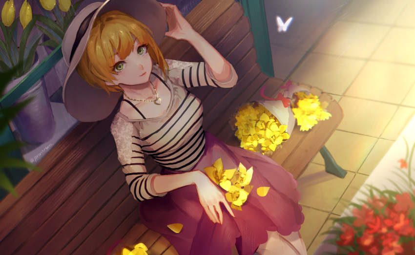 1girl, adjusting_clothes, adjusting_hat, bangs, bench, blonde_hair, bouquet, day, flower, from_above, green_eyes, hat, heart, heart_necklace, highres, idolmaster, idolmaster_cinderella_girls, jewelry, looking_at_viewer, looking_up, miyamoto_frederica, necklace, outdoors, pink_skirt, plant, potted_plant, shirt, short_hair, sitting, skirt, smile, solo, striped, striped_shirt, tulip, twitter_username, white_hat, yellow_flower, yororitutata