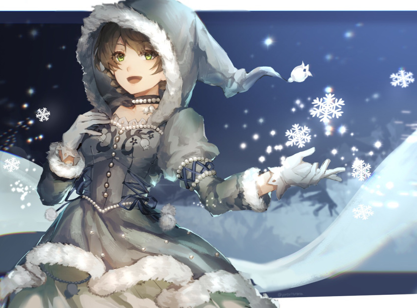 1girl, :d, blue_sky, breasts, brown_hair, collar, fur_trim, gloves
