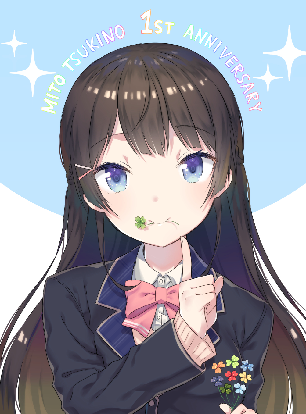 1girl, anniversary, black_hair, black_jacket, blazer, blue_eyes, bow, bowtie