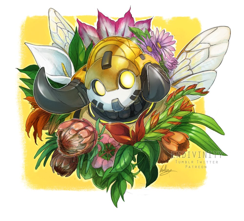 1girl, alternate_costume, artist_name, endivinity, flower, horns, hunters_orisa, insect_wings