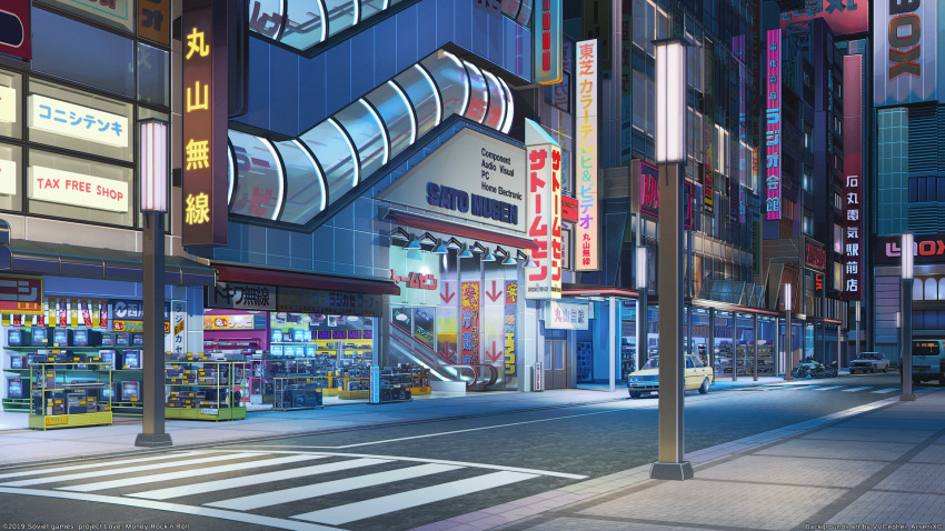 akihabara_(tokyo), arsenixc, artist_name, car, city, commentary, copyright_name, crosswalk