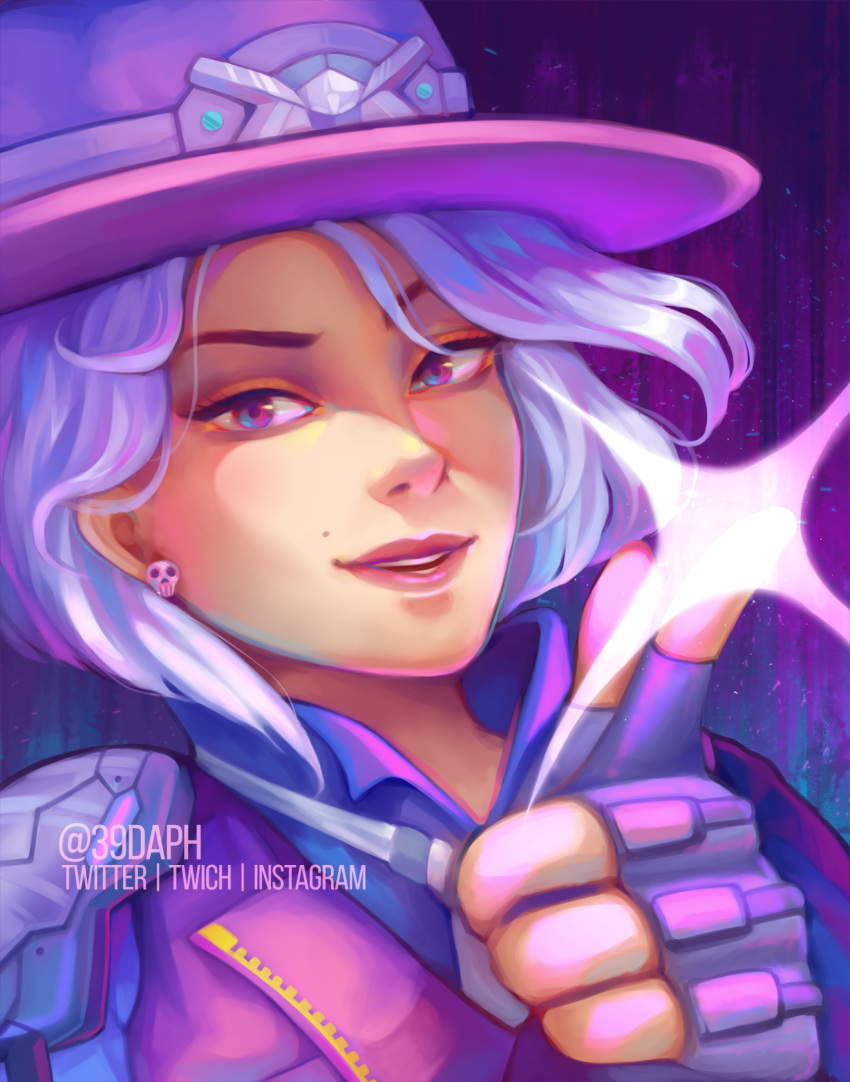 1girl, artist_name, ashe_(overwatch), cowboy_hat, earrings, fingerless_gloves, gloves, hangzhou_spark_ashe, hat, highres, jewelry, looking_at_viewer, mole, necktie, open_mouth, overwatch, overwatch_league, pink_eyes, solo, sparkle, teeth, white_hair