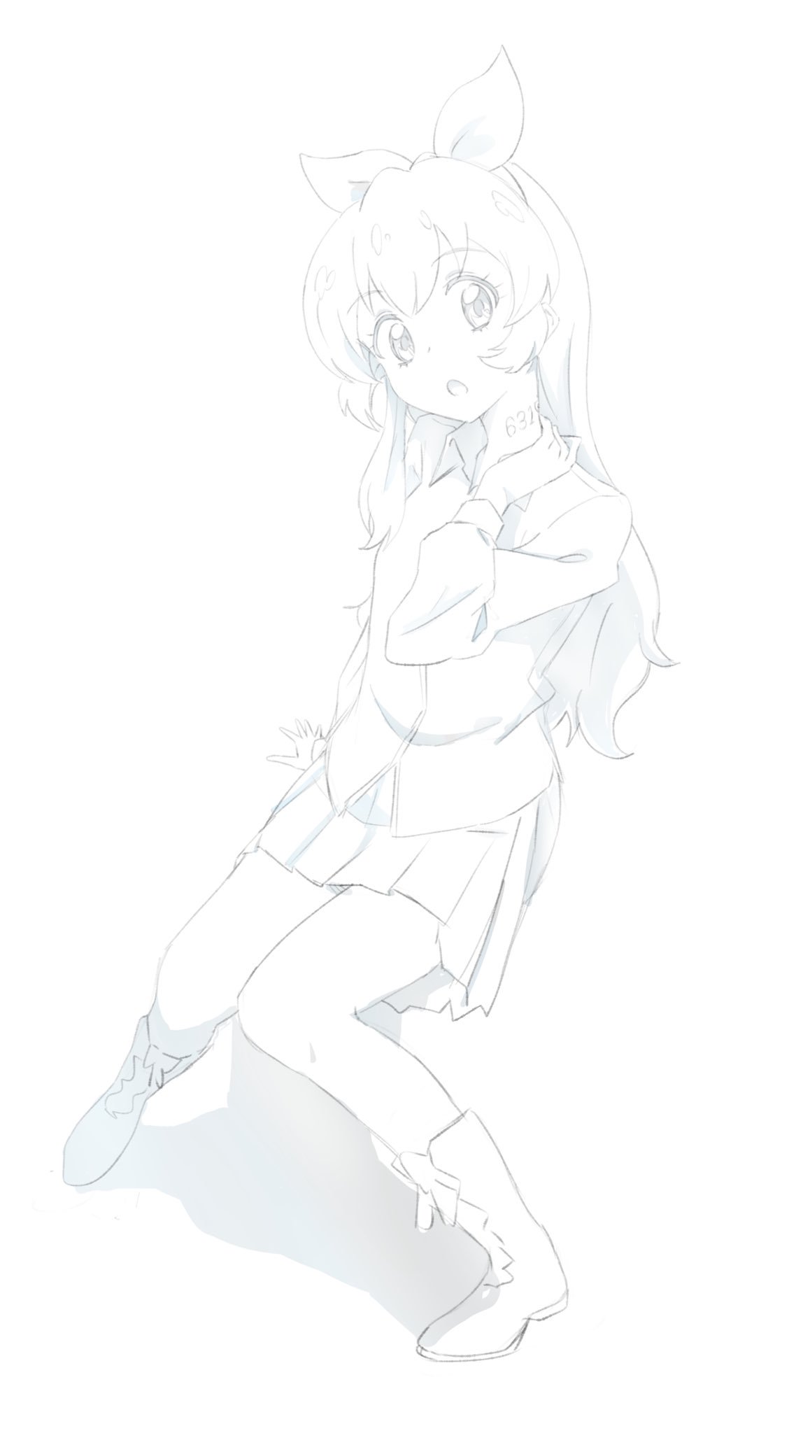 1girl, :o, aikatsu!, aikatsu!_(series), boots, bow, cosplay, egetsu_nee_na, emma_(yakusoku_no_neverland), emma_(yakusoku_no_neverland)_(cosplay), eyebrows_visible_through_hair, greyscale, hair_bow, hairband, highres, hoshimiya_ichigo, knees_together_feet_apart, lineart, long_hair, long_sleeves, monochrome, morohoshi_sumire, neck_tattoo, open_mouth, seiyuu_connection, shadow, shirt, simple_background, sitting, skirt, solo, tattoo, white_background, yakusoku_no_neverland