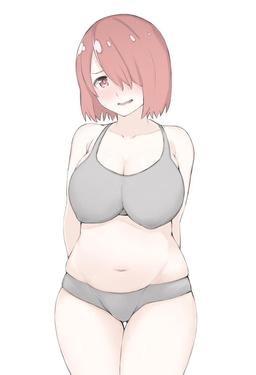 1girl, absurdres, arms_behind_back, blush, bra, breasts, cleavage, curvy, embarrassed, hair_over_one_eye, highres, hoshino_miyako_(wataten), kazuo_daisuke, large_breasts, looking_at_viewer, navel, nose_blush, open_mouth, panties, plump, red_eyes, redhead, shiny, shiny_skin, short_hair, solo, sweat, underwear, watashi_ni_tenshi_ga_maiorita!
