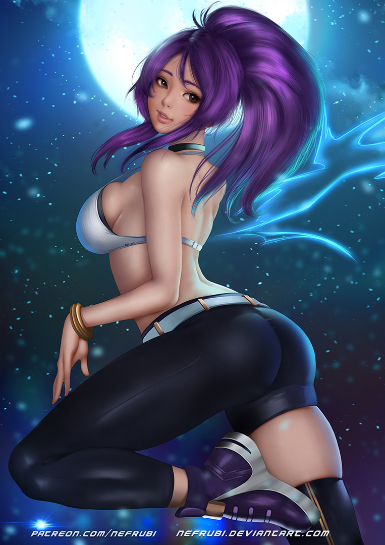 1girl, akali, ass, asymmetrical_clothes, asymmetrical_legwear, belt, black_eyes, bracelet, bracelt, breasts, choker, full_moon, idol, jewelry, k/da_(league_of_legends), k/da_akali, large_breasts, league_of_legends, long_hair, looking_at_viewer, midriff, moon, nefrubi, patreon_username, ponytail, profile, purple_hair, single_pantsleg, single_thighhigh, smile, solo, thigh-highs, watermark, web_address