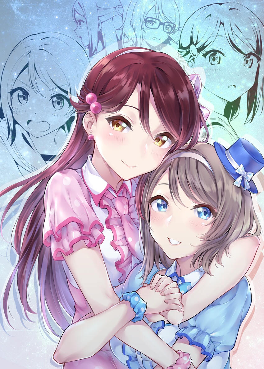 2girls, blue_dress, blue_eyes, dress, frills, glasses, hand_holding, hat, headband, hug, hug_from_behind, long_hair, looking_at_viewer, love_live!, love_live!_sunshine!!, multiple_girls, omoi_yo_hitotsu_ni_nare, pink_dress, sakurauchi_riko, school_uniform, scrunchie, short_hair, smile, star_(sky), surfing_orange, tears, watanabe_you, yellow_eyes