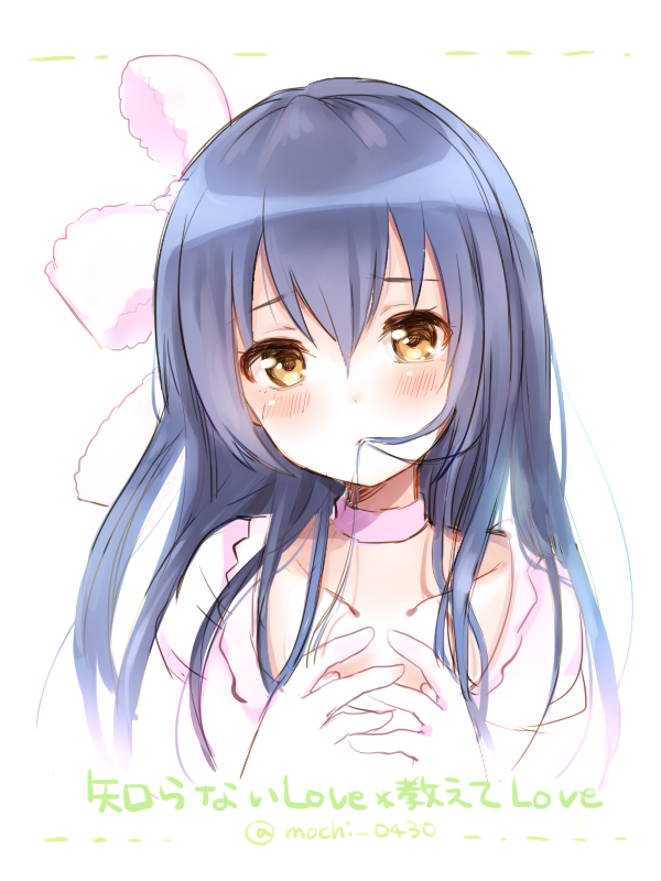 1girl, bangs, blue_hair, blush, choker, gloves, hair_between_eyes, hair_in_mouth