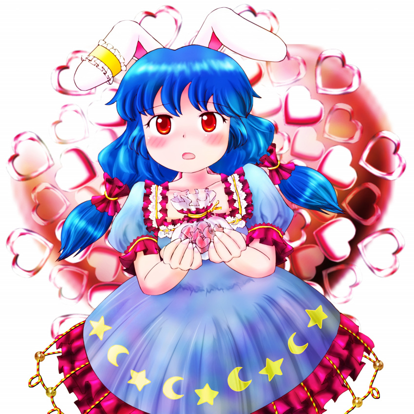 1girl, animal_ears, arms_up, bag, blue_dress, blue_hair, blush, chocolate