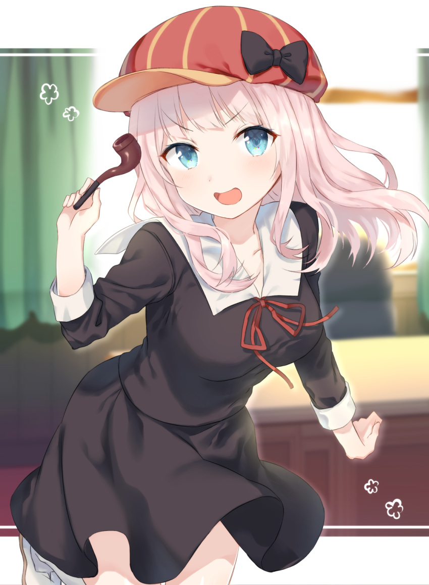 1girl, :d, bangs, black_bow, black_dress, blue_eyes, blunt_bangs, blurry