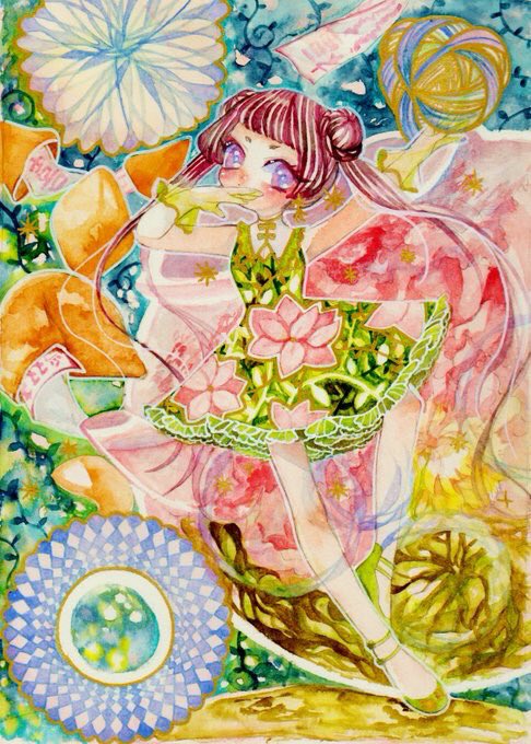 1girl, bangs, brown_hair, colorful, cookie, dress, flower, food