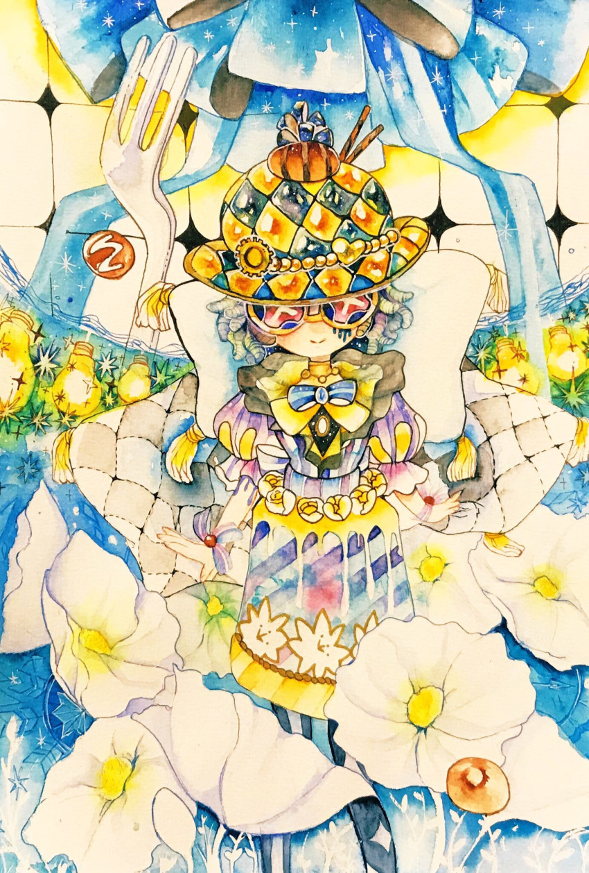 1girl, blue_bow, bow, collar, colorful, copyright_request, feet_out_of_frame, flower, fork, glasses, hat, highres, light_bulb, multicolored, multicolored_clothes, multicolored_hat, no_nose, puffy_short_sleeves, puffy_sleeves, short_hair, short_sleeves, smile, snowflakes, solo, standing, tibibanbi, white_flower, white_hair, white_pillow