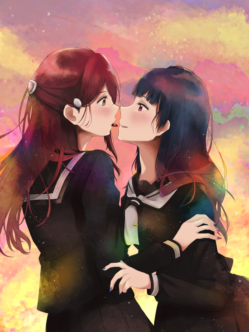 2girls, bangs, black_hair, black_serafuku, blunt_bangs, blush, dust, eye_contact, eyebrows_visible_through_hair, fingernails, from_side, hair_bun, hair_ornament, hairclip, half_updo, hand_on_another's_shoulder, highres, imminent_kiss, lips, long_hair, looking_at_another, love_live!, love_live!_sunshine!!, multiple_girls, nail_polish, neckerchief, open_mouth, redhead, sailor_collar, sakurauchi_riko, school_uniform, serafuku, side_bun, tsushima_yoshiko, valentine, violet_eyes, yellow_eyes, yuri, zuzy2525