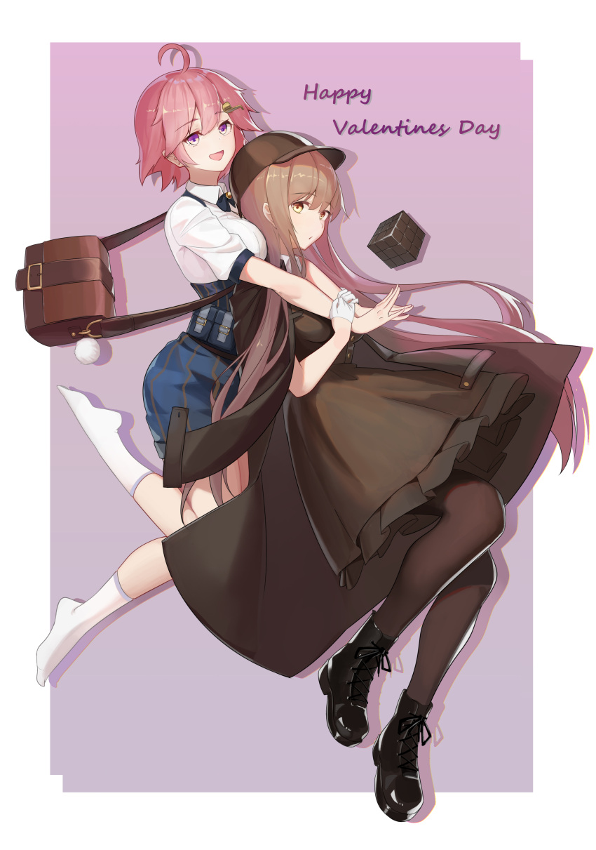 2girls, :d, absurdres, ahoge, bag, bangs, black_footwear, blue_skirt