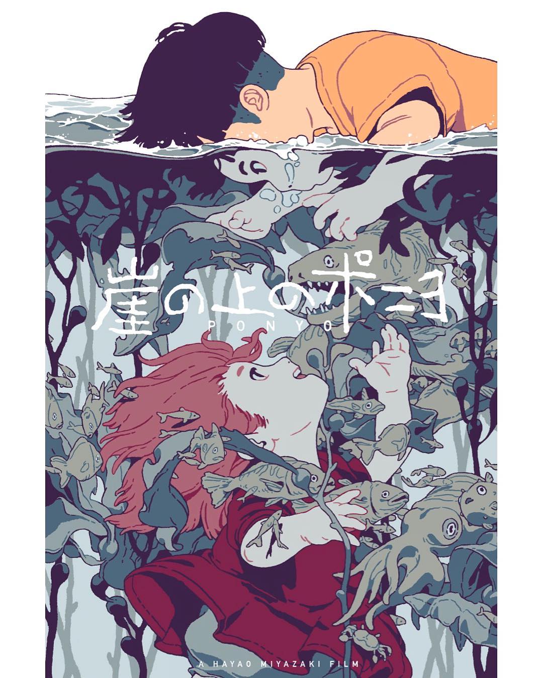 1boy, 1girl, black_hair, brown_hair, bubble, copyright_name, dress, fish, gake_no_ue_no_ponyo, highres, octopus, open_mouth, orange_shirt, partially_submerged, ponyo, profile, red_dress, sachin_teng, shirt, short_hair, short_sleeves, smile, sousuke_(ponyo), studio_ghibli, teeth, underwater, upper_body, water