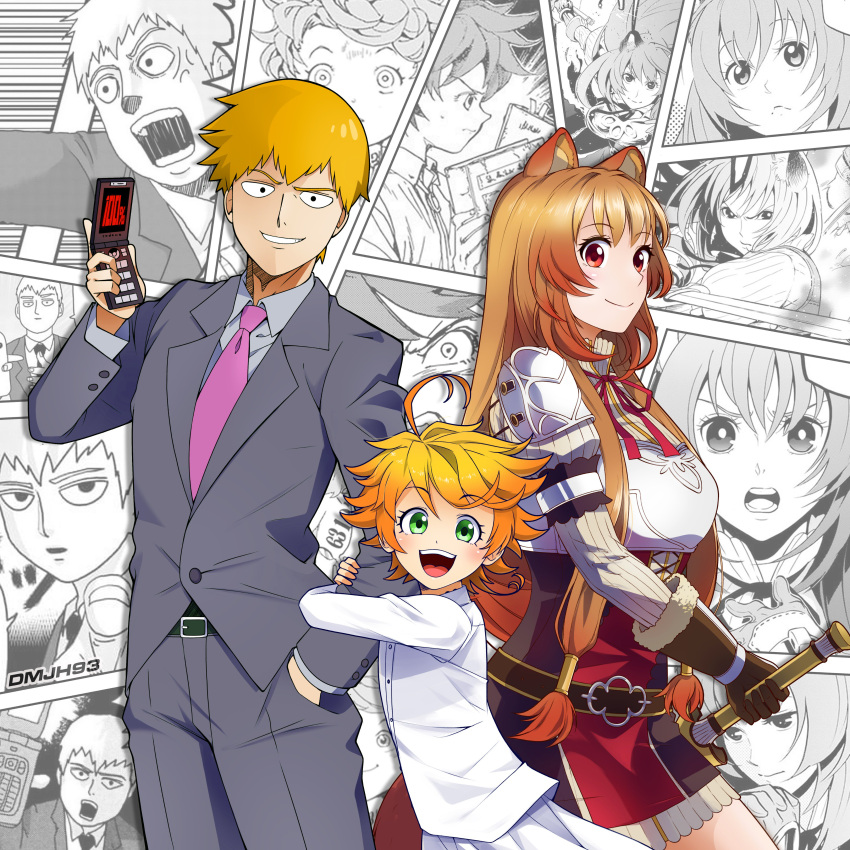 1boy, 2girls, absurdres, ahoge, animal_ears, bangs, blonde_hair, breasts