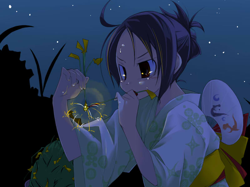 fireworks, japanese_clothes, kimono, night, night_sky, paper_fan, senkou_hanabi, sky