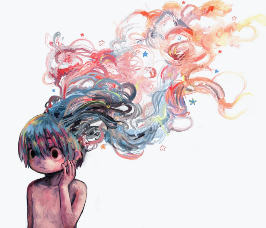1boy, 666haorare666, abstract, colorful, expressionless, grey_background, hair_between_eyes, hand_up