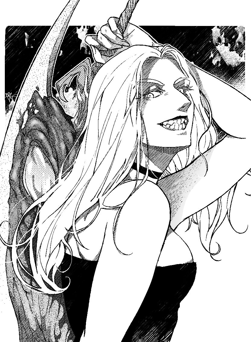 1girl, bare_shoulders, choker, devil_may_cry, devil_may_cry_4, eyebrows_visible_through_hair, greyscale, hatching, holding, holding_sword, holding_weapon, looking_back, m4hlm4, medium_hair, monochrome, nail, sharp_teeth, signature, smile, solo, sword, teeth, trish_(devil_may_cry), upper_body, weapon
