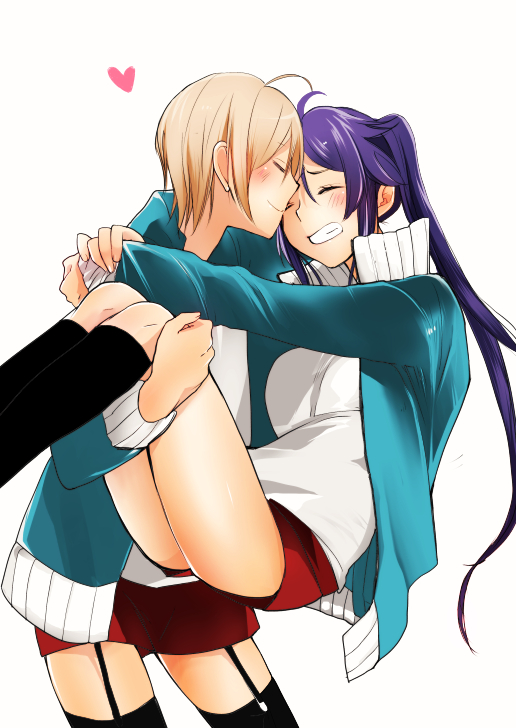 2girls, ahoge, aqua_jacket, arms_around_neck, black_legwear, blonde_hair, blue_hair, blush