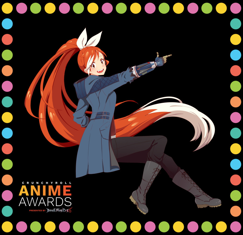 1girl, absurdres, alternate_costume, belt_buckle, black_background, black_footwear, black_pants, blue_coat