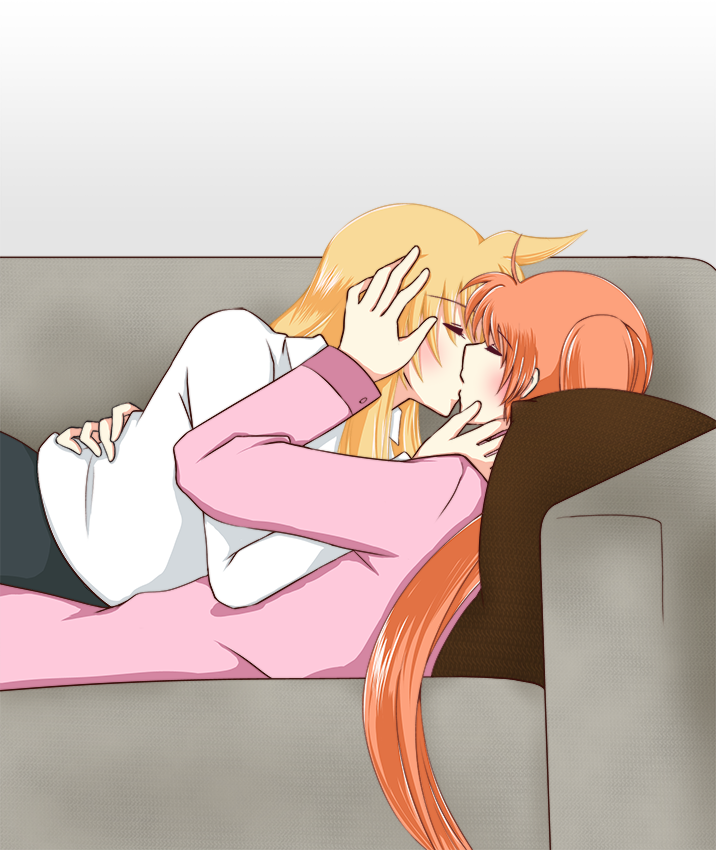 2girls, blonde_hair, blush, closed_eyes, collared_shirt, couch, couple, fate_testarossa