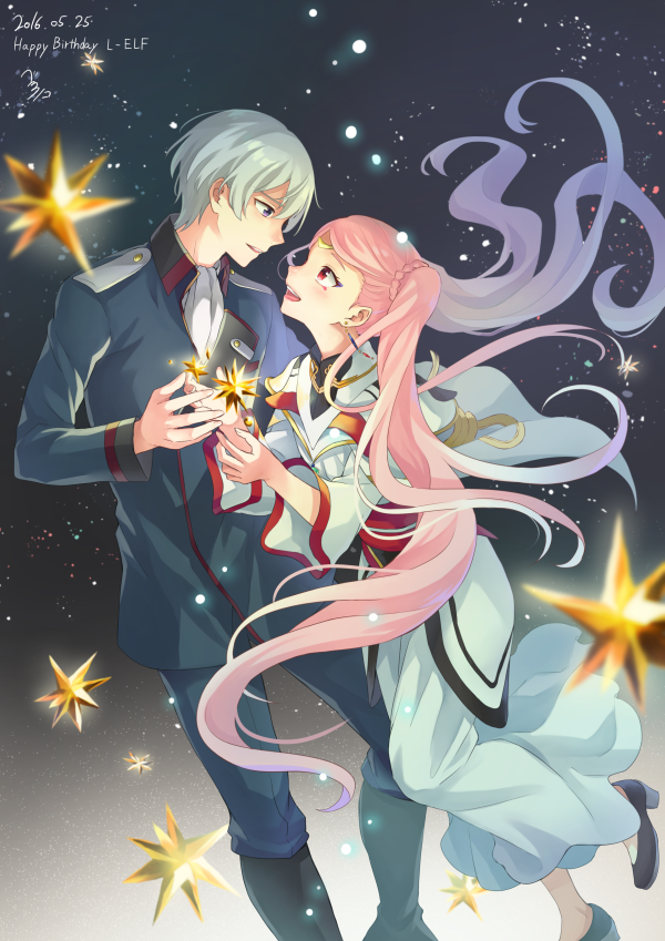1boy, 1girl, 2016, :d, bekkourico, black_jacket, black_pants, braid, character_name, couple, dated, dress, earrings, eye_contact, floating_hair, happy_birthday, jacket, jewelry, kakumeiki_valvrave, l-elf, leg_up, lieselotte_w_dorssia, long_dress, long_hair, long_sleeves, looking_at_another, looking_up, makeup, open_mouth, pants, pink_hair, red_eyes, silver_hair, smile, standing, standing_on_one_leg, very_long_hair, white_dress, white_neckwear