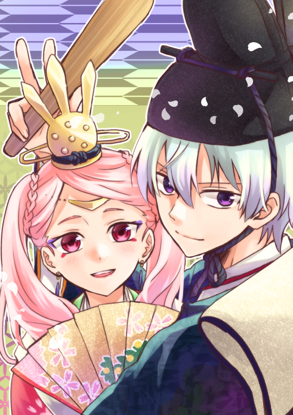 1boy, 1girl, :d, bangs, bekkourico, black_hat, blue_kimono, braid, earrings, fang, floating_hair, hair_between_eyes, hat, holding, japanese_clothes, jewelry, kakumeiki_valvrave, kimono, l-elf, lieselotte_w_dorssia, long_hair, looking_at_viewer, makeup, mascara, open_mouth, parted_bangs, pink_hair, red_eyes, silver_hair, smile, twintails, upper_body, violet_eyes, w