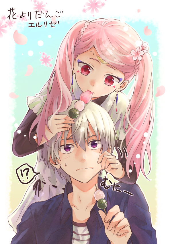 1boy, 1girl, bangs, bekkourico, black_ribbon, blue_shirt, braid, cheek_pinching