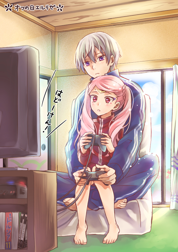 1boy, 1girl, bangs, barefoot, bekkourico, blue_jacket, blue_pants, blush