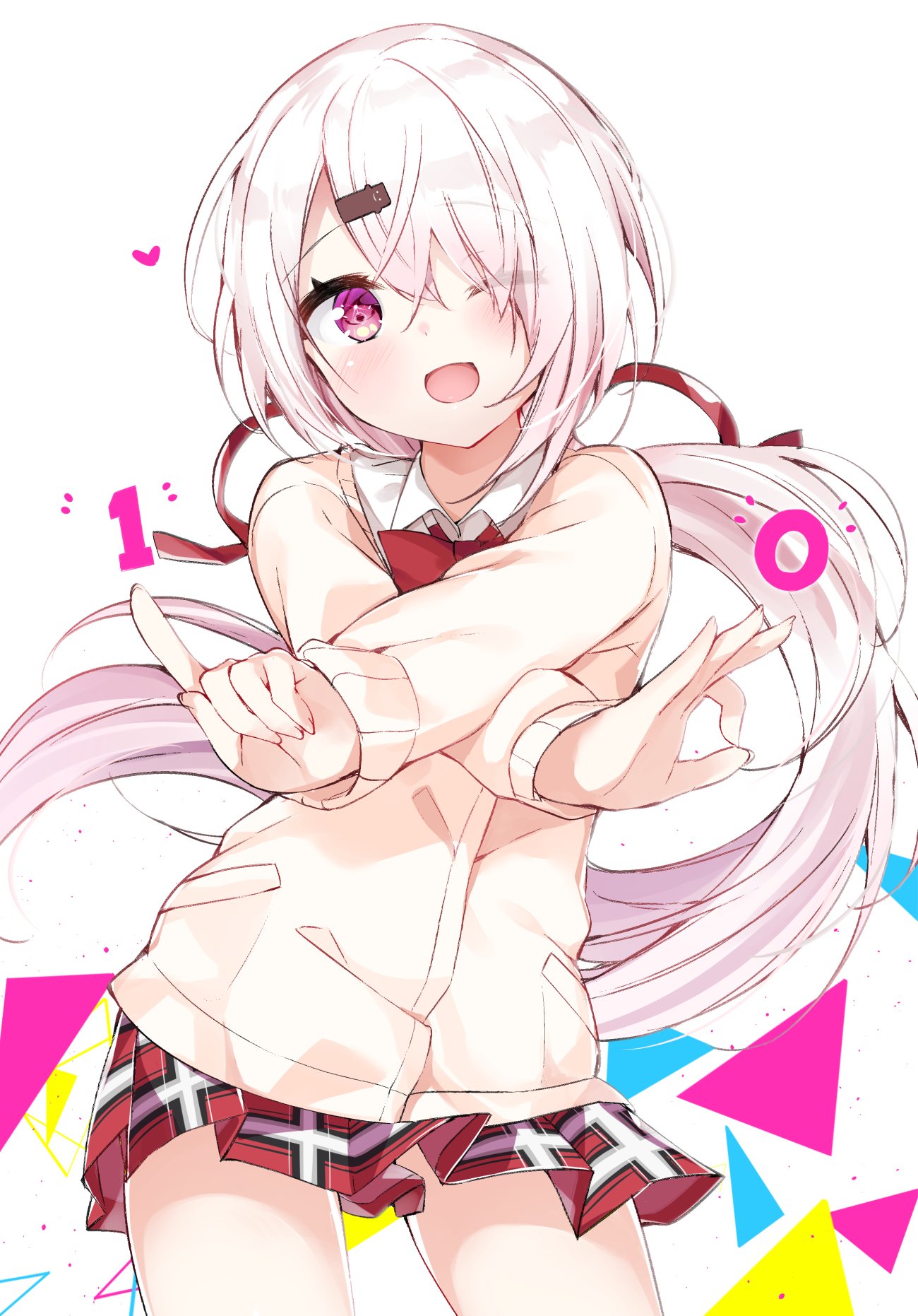 1girl, bangs, blush, bow, bowtie, cardigan, cowboy_shot, crossed_arms