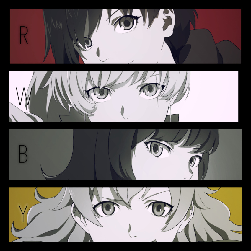 4girls, blake_belladonna, eyebrows_behind_hair, eyelashes, greyscale, hair_over_eyes, monochrome, multiple_girls