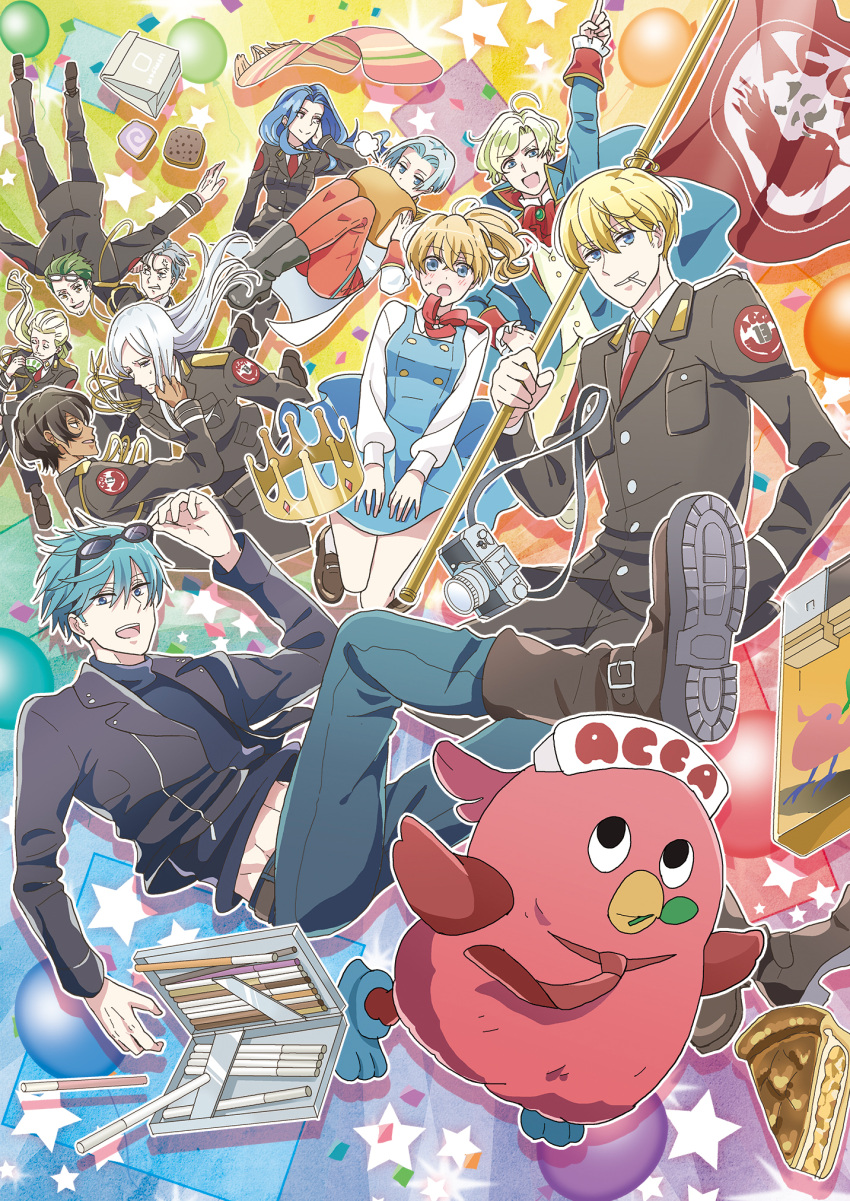 2girls, 6+boys, :d, :o, acca_13-ku_kansatsu-ka, anger_vein, arm_up, armband