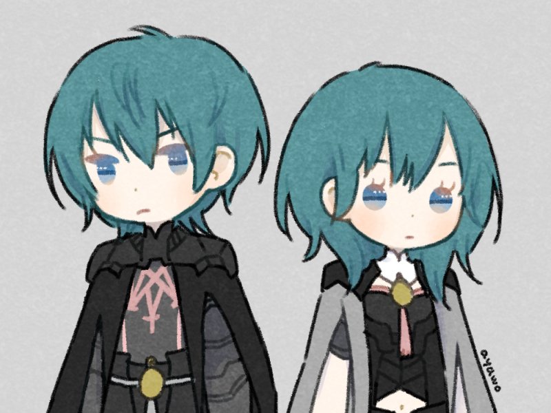 1boy, 1girl, armor, ayawo, blue_eyes, blue_hair, byleth, cape, chibi, dual_persona, fire_emblem, fire_emblem:_three_houses, gloves, long_hair, looking_at_viewer, navel, nintendo, short_hair, simple_background, smile, uniform
