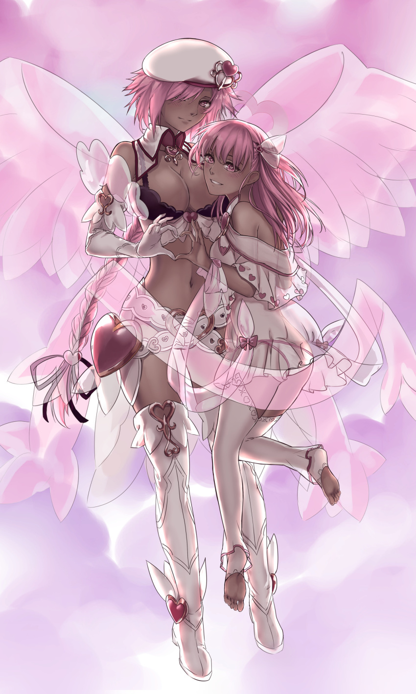 2girls, absurdres, bare_shoulders, belt, beret, black_ribbon, boots, braid