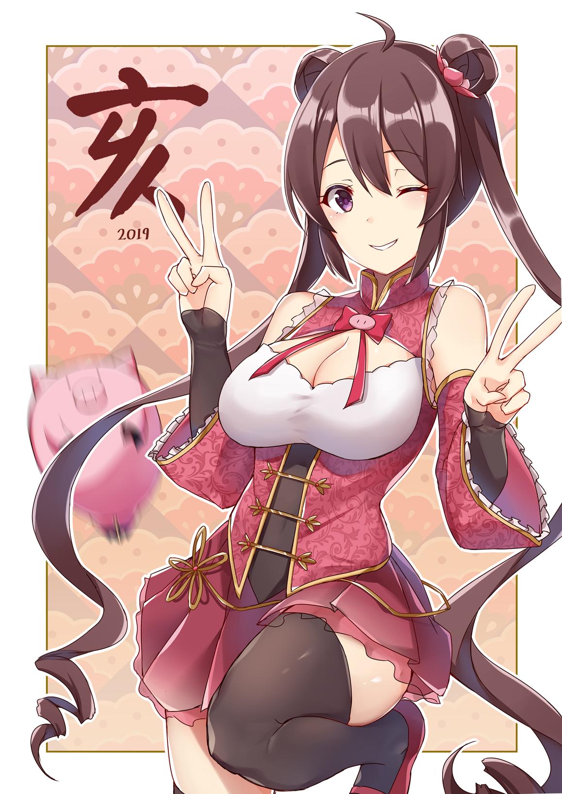 10s, 1girl, 2019, ahoge, bangs, bare_shoulders, black_legwear, boar_(chinese_zodiac), border, bow, bowtie, breasts, brown_hair, brown_legwear, chinese_clothes, chinese_new_year, chinese_zodiac, cleavage, cleavage_cutout, commentary_request, covered_navel, cowboy_shot, detached_sleeves, double_bun, double_v, eyebrows_visible_through_hair, frilled_sleeves, frills, hair_ornament, hands_up, highres, leg_up, long_hair, long_sleeves, looking_at_viewer, medium_breasts, miniskirt, motion_blur, one_eye_closed, original, outside_border, parted_lips, personification, pig, pleated_skirt, red_footwear, red_neckwear, red_skirt, shoes, sidelocks, skirt, sleeves_past_wrists, smile, solo, standing, standing_on_one_leg, thigh-highs, translated, twintails, v, very_long_hair, violet_eyes, white_border, wide_sleeves, wink, zettai_ryouiki, zhi_zhi/zu_zu