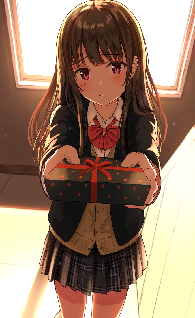 1girl, backlighting, black_jacket, black_skirt, blazer, blush, bow, bowtie