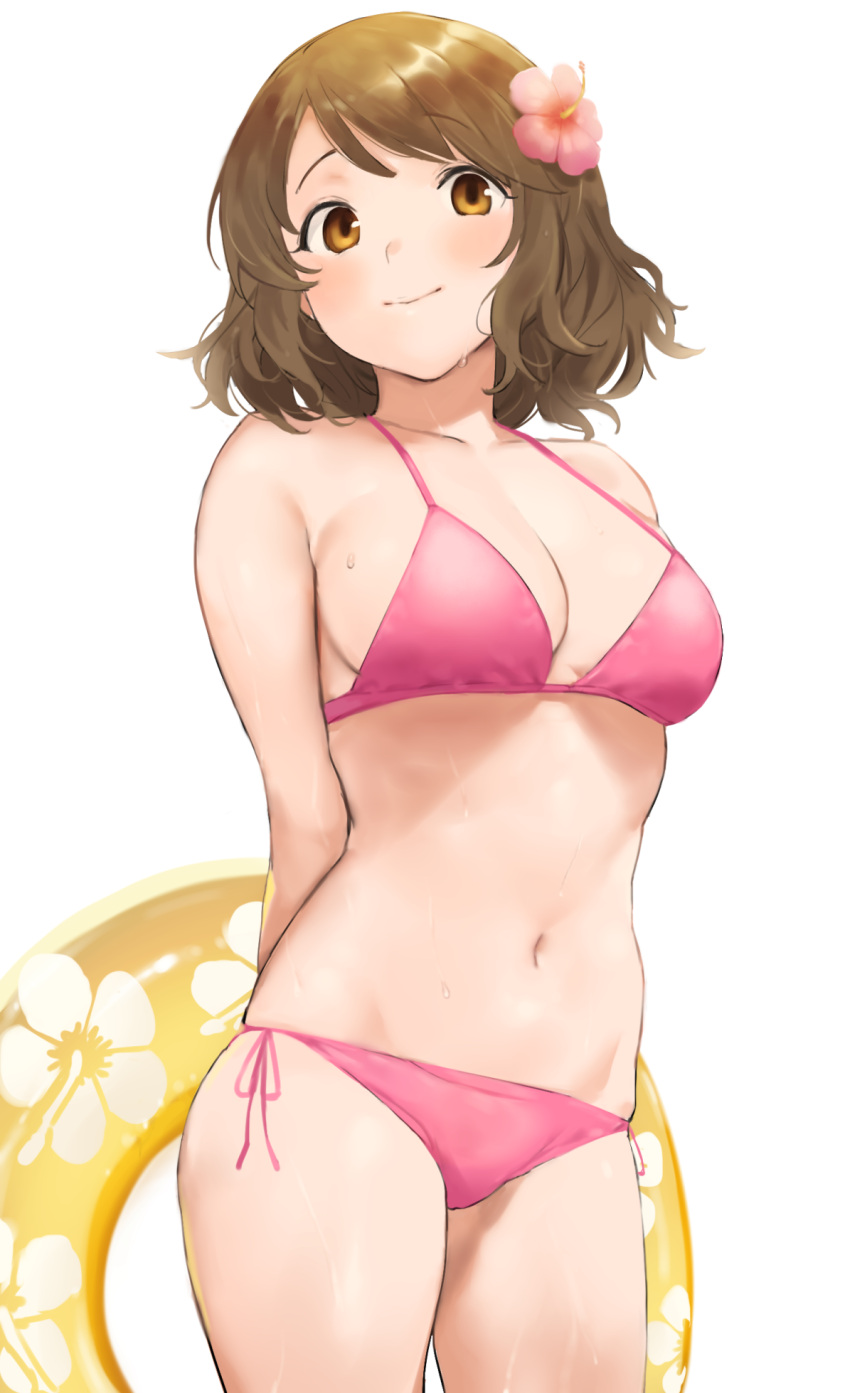 1girl, arms_behind_back, bare_arms, bare_shoulders, bikini, blush, breasts, brown_eyes, brown_hair, closed_eyes, closed_mouth, collarbone, commentary_request, cowboy_shot, flower, hair_flower, hair_ornament, highres, holding, holding_innertube, idolmaster, idolmaster_cinderella_girls, innertube, looking_at_viewer, medium_breasts, navel, nekoshoko, orange_eyes, pink_bikini, pink_flower, short_hair, side-tie_bikini, simple_background, smile, solo, standing, stomach, sweat, swimsuit, thighs, tsukimiya_miyabi, wavy_hair, white_background