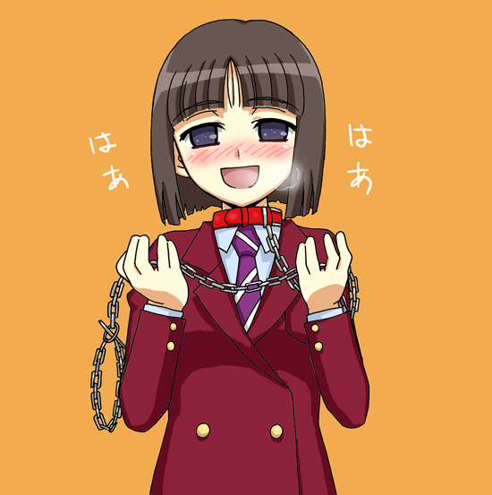 blush, breath, brown_hair, collar, iseya_hibana, jacket, leash, necktie