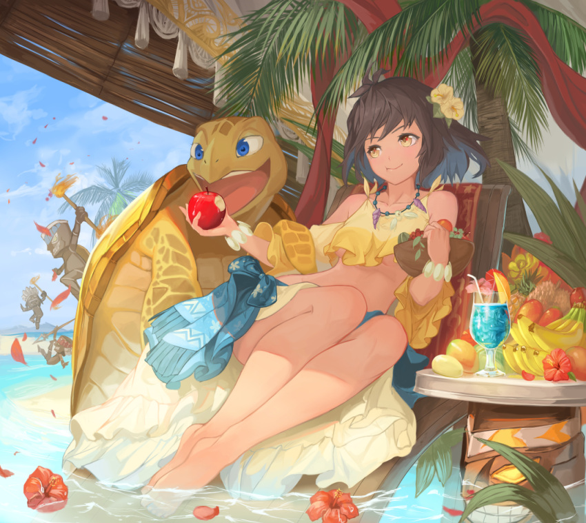1girl, 3boys, akira0171, apple, banana, barefoot, beach, beach_chair