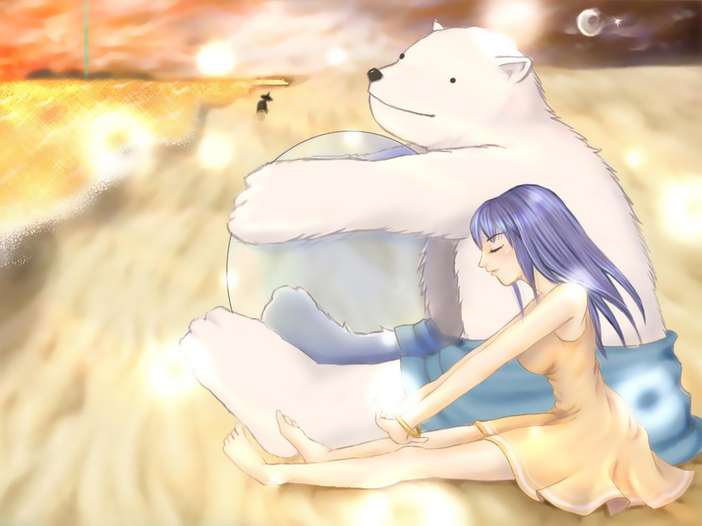 bear, blue_hair, closed_eyes, dress, light, long_hair, ocean, pangya